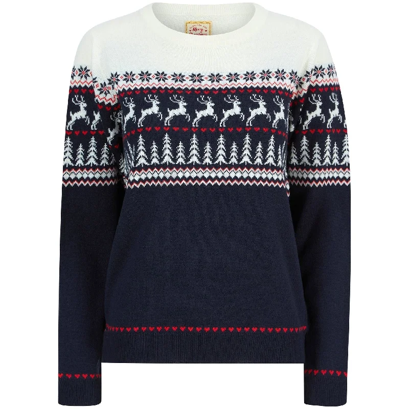 Christmas Reindeer Heart Nordic Fairisle Womens Jumper - Navy Terry Terry Cloth Terry Knit