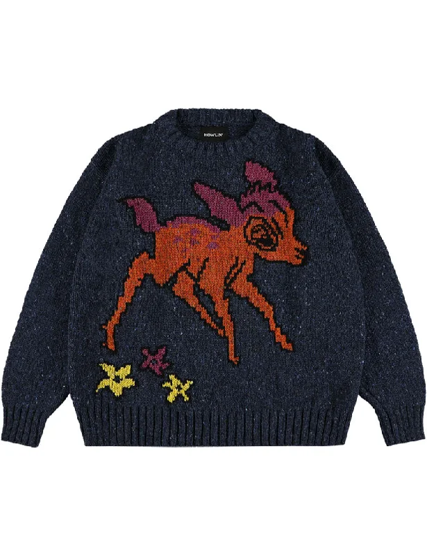 Howlin' Acid Deer With Flowers Jumper Blue Print Jacquard Patchwork