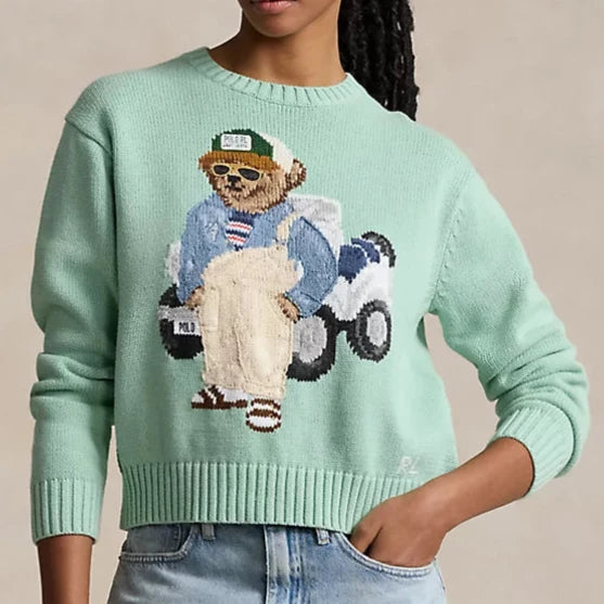 Luxury  Knitted Bear Crewneck Jumper Spandex Rayon Corduroy