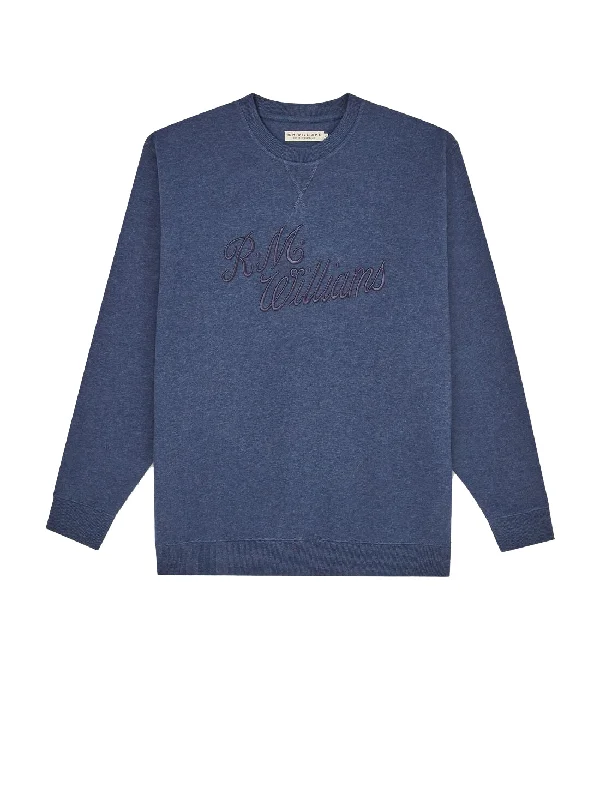 R.M.W. Script Crew Neck Jumper - Dark Blue Marle Fitted Loose Oversized