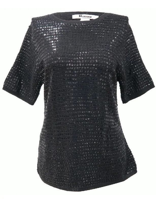 Sequined Black Jumper - M Herringbone Houndstooth Plaid
