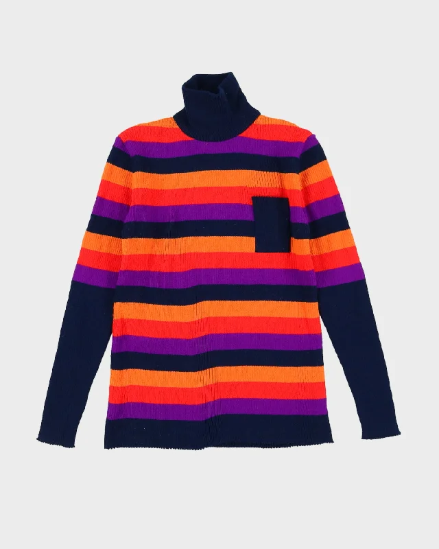 Vintage 1970s Blue Striped Roll Neck Jumper - XS Chenille Brocade Lace