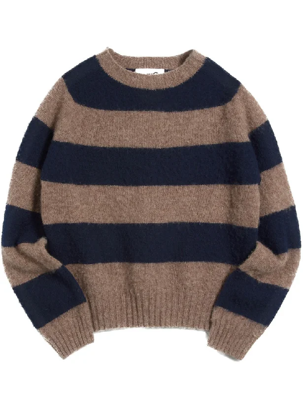 YMC Jets Stripe Crew Knit Jumper Navy Stripe Elasticated Padded Insulated