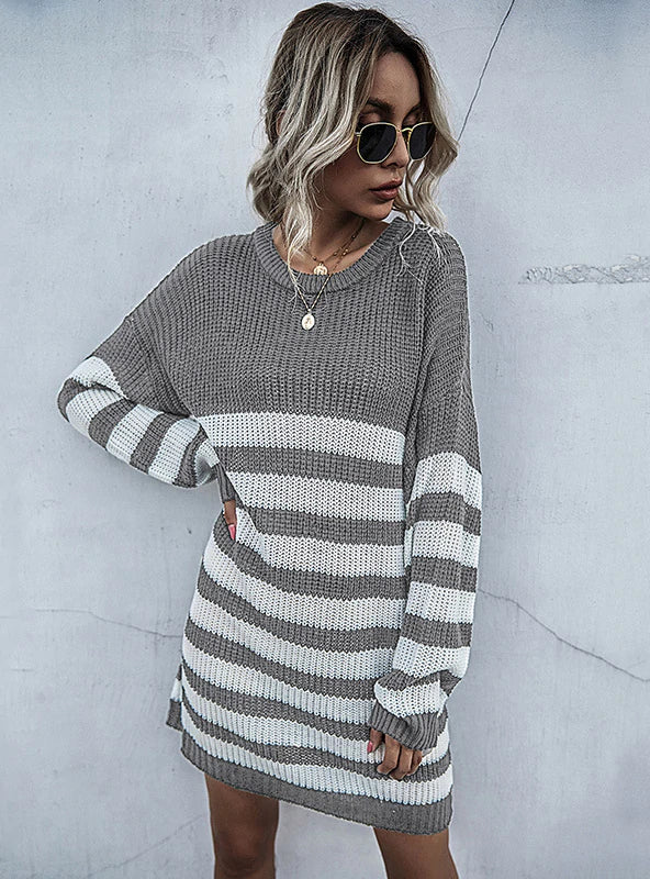 PULLOVER SWEATER ROUND NECK STRIPED KNIT DRESS