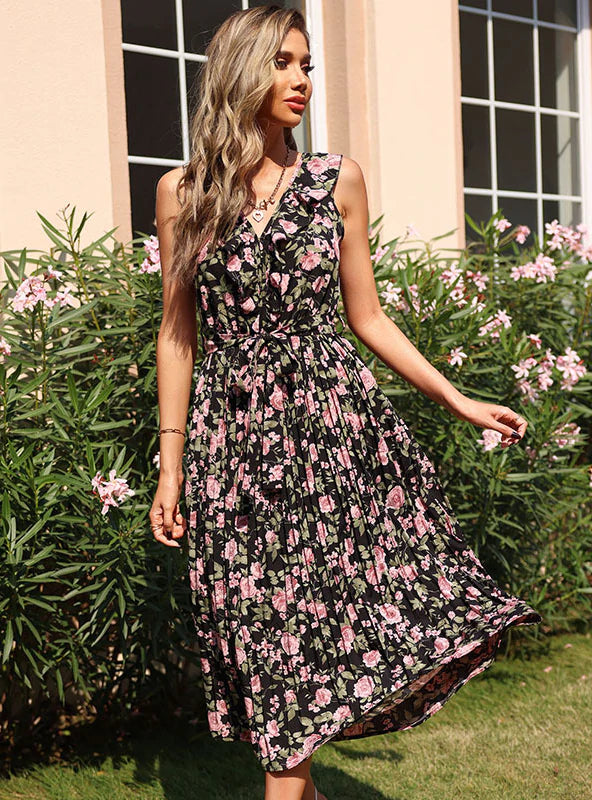 RETRO FLOWER PRINT BLACK DRESS