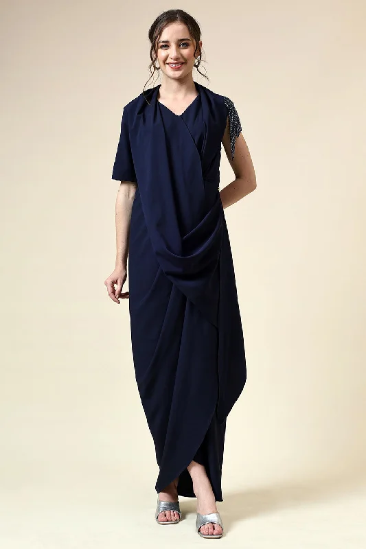 Navy Crystal Embellished Draped Dress