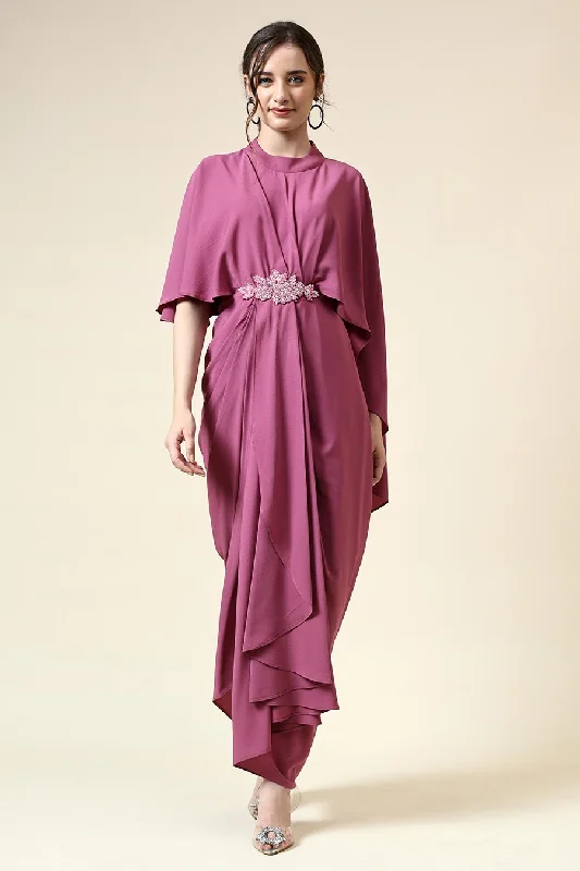 Berry Pink Embroidered Drape Dress