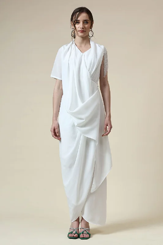 Pearl White Crystal Embellished Drape Dress