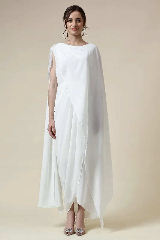 White Crystal Embellished Drape Dress