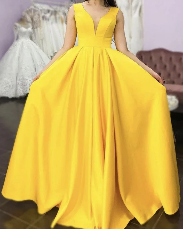 A-line Plunge Neck Prom Dresses Satin Floor Length