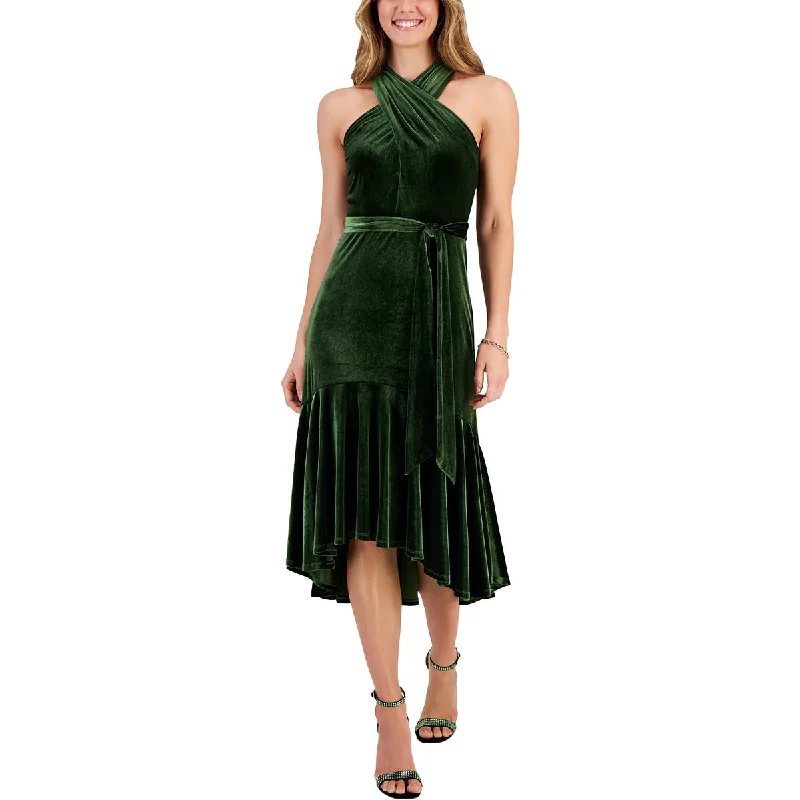 Womens Velvet Belted Evening Dress