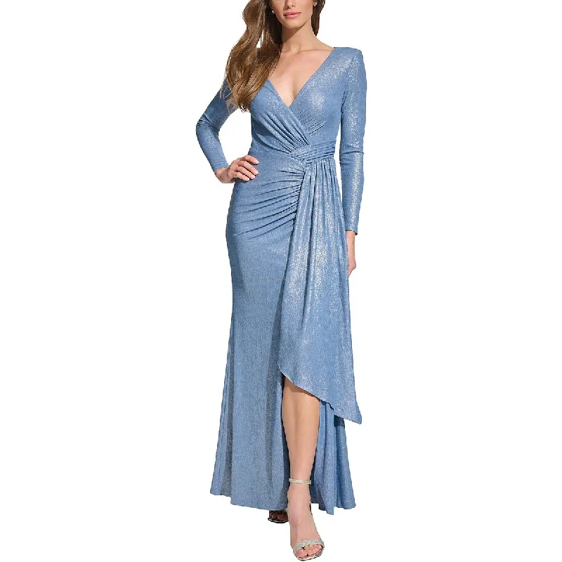 Petites Womens Metallic Long Evening Dress