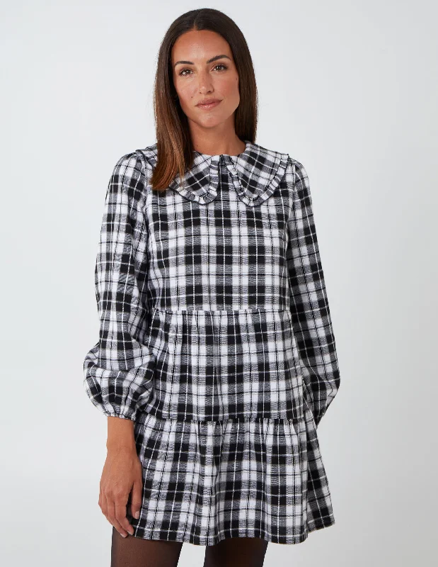 Frill Collar Check Smock Dress