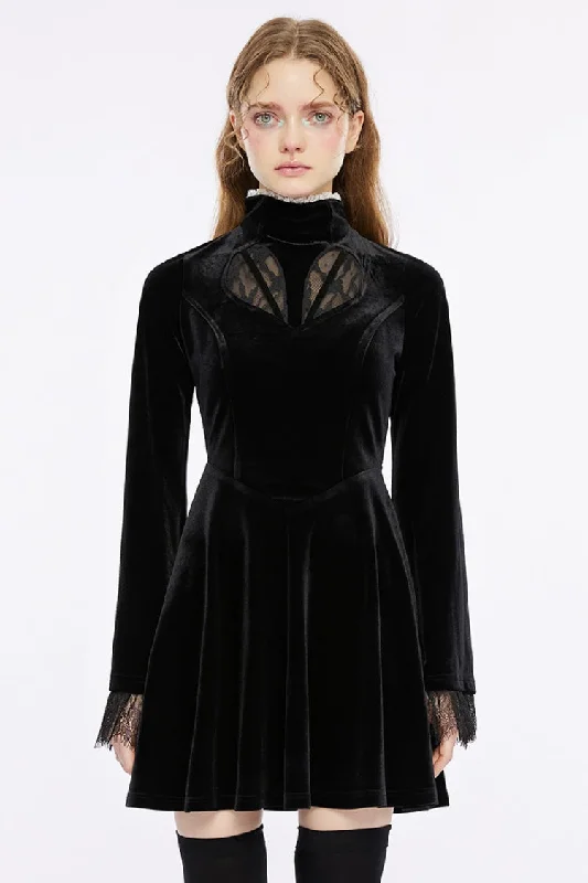 Black Long Trumpet Sleeves Hollow Lace Women's Gothic Dress