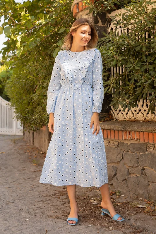Daisy Print Blue Dress With Pockets