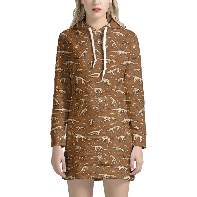 Dino Skeleton Fossil Pattern Print Pullover Hoodie Dress