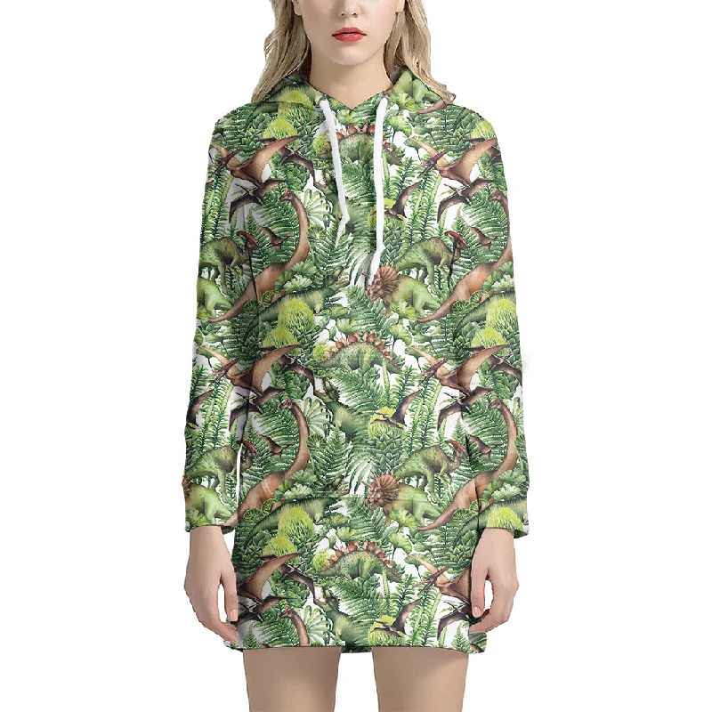 Dinosaur And Prehistoric Plants Print Pullover Hoodie Dress