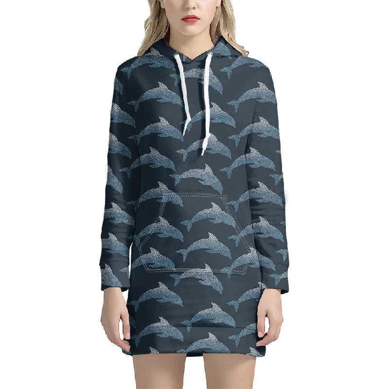 Dolphin Dot Pattern Print Pullover Hoodie Dress