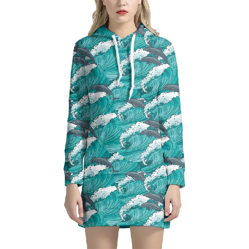 Dolphin Riding Waves Pattern Print Pullover Hoodie Dress