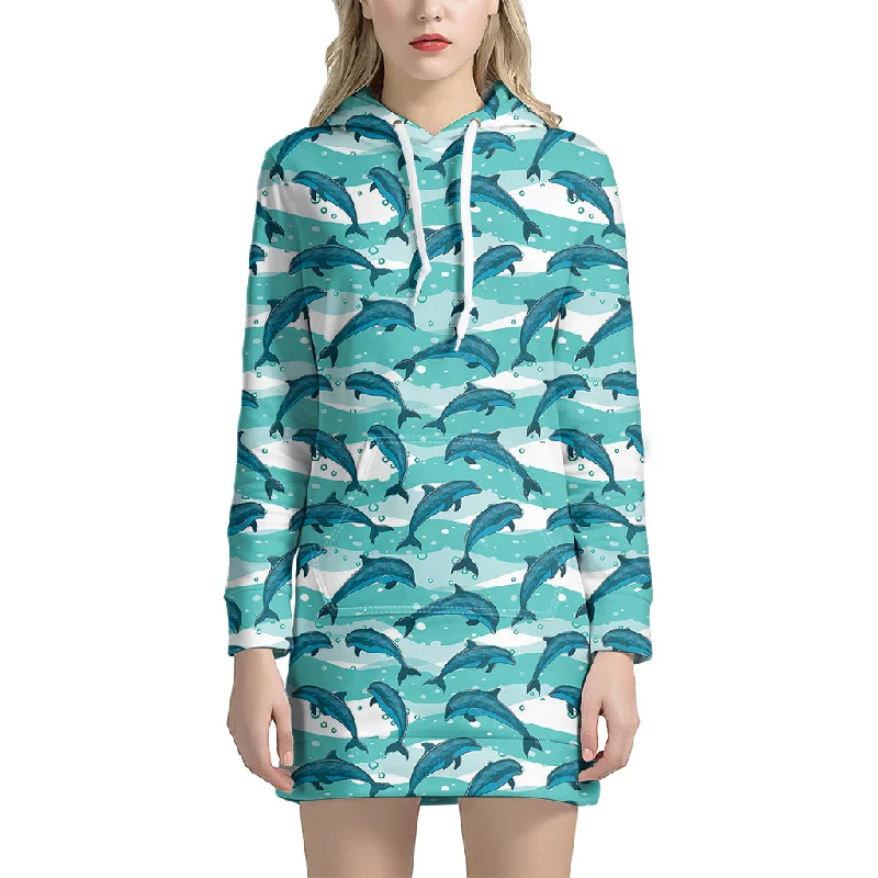 Dolphins In The Ocean Pattern Print Pullover Hoodie Dress