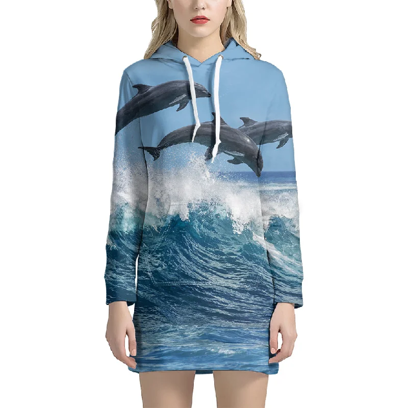 Dolphins Jumping Over Waves Print Pullover Hoodie Dress