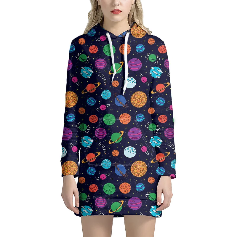 Doodle Planets Pattern Print Pullover Hoodie Dress