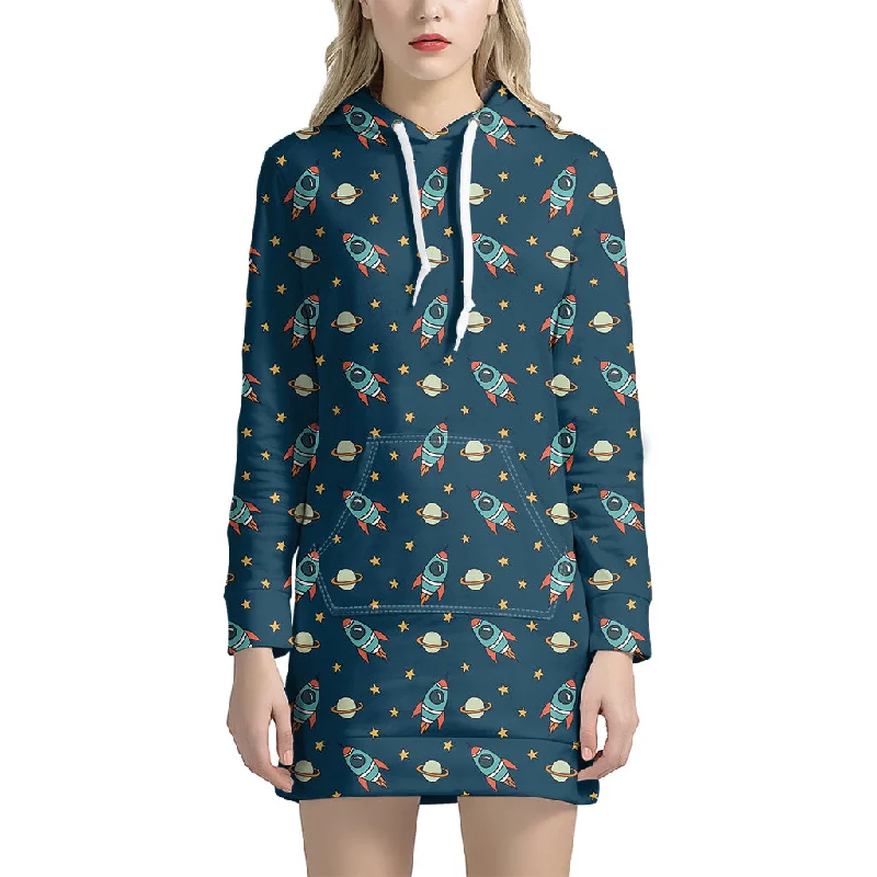Doodle Rocket Pattern Print Pullover Hoodie Dress