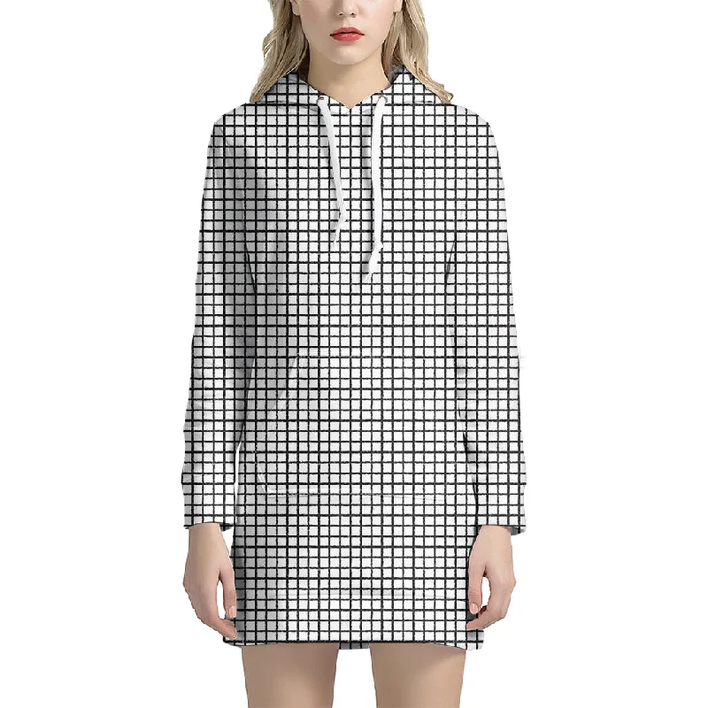 Doodle Windowpane Pattern Print Pullover Hoodie Dress