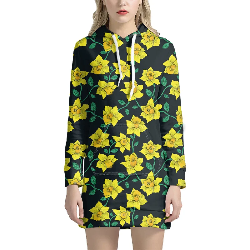 Drawing Daffodil Flower Pattern Print Pullover Hoodie Dress