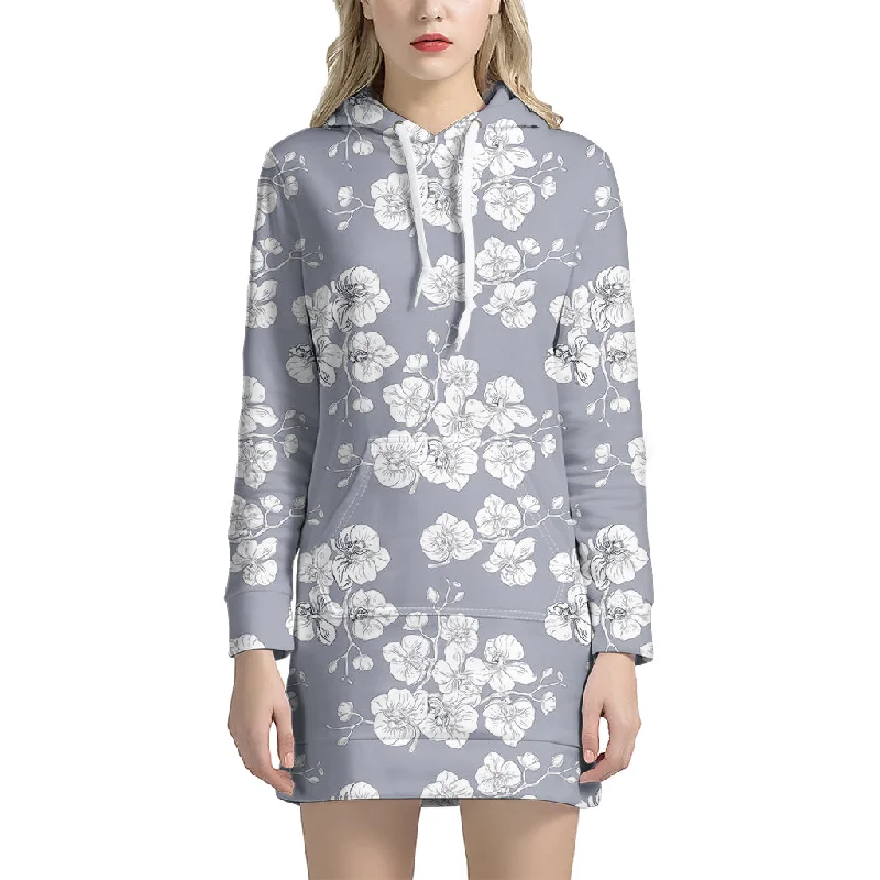 Drawing Orchid Pattern Print Pullover Hoodie Dress