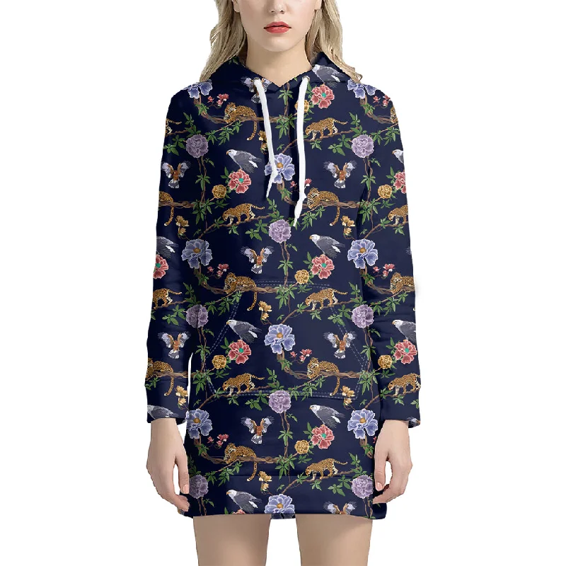 Eagle And Jaguar Pattern Print Pullover Hoodie Dress