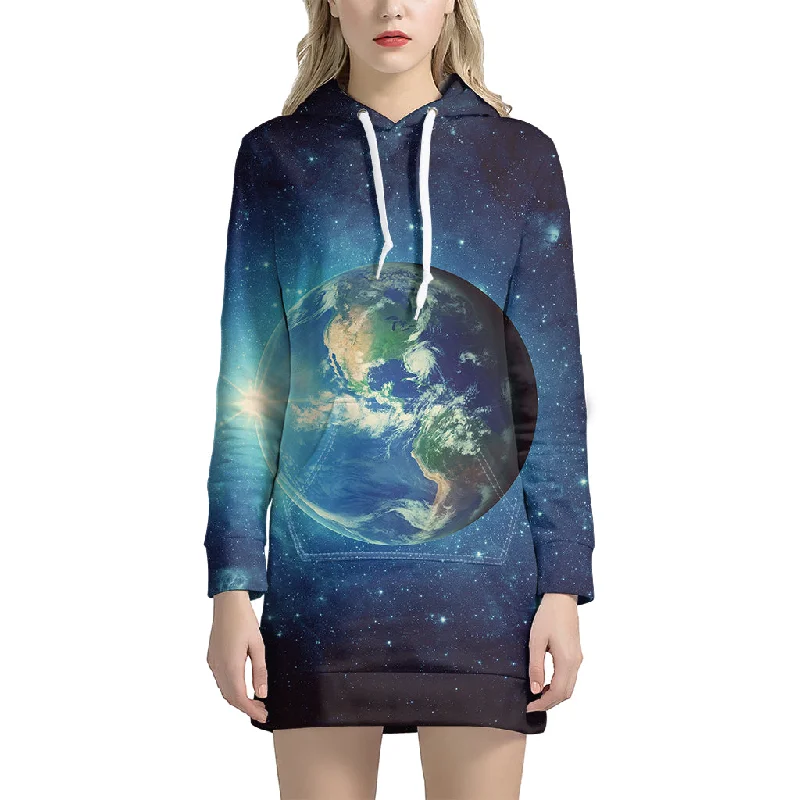 Earth And Space Print Pullover Hoodie Dress