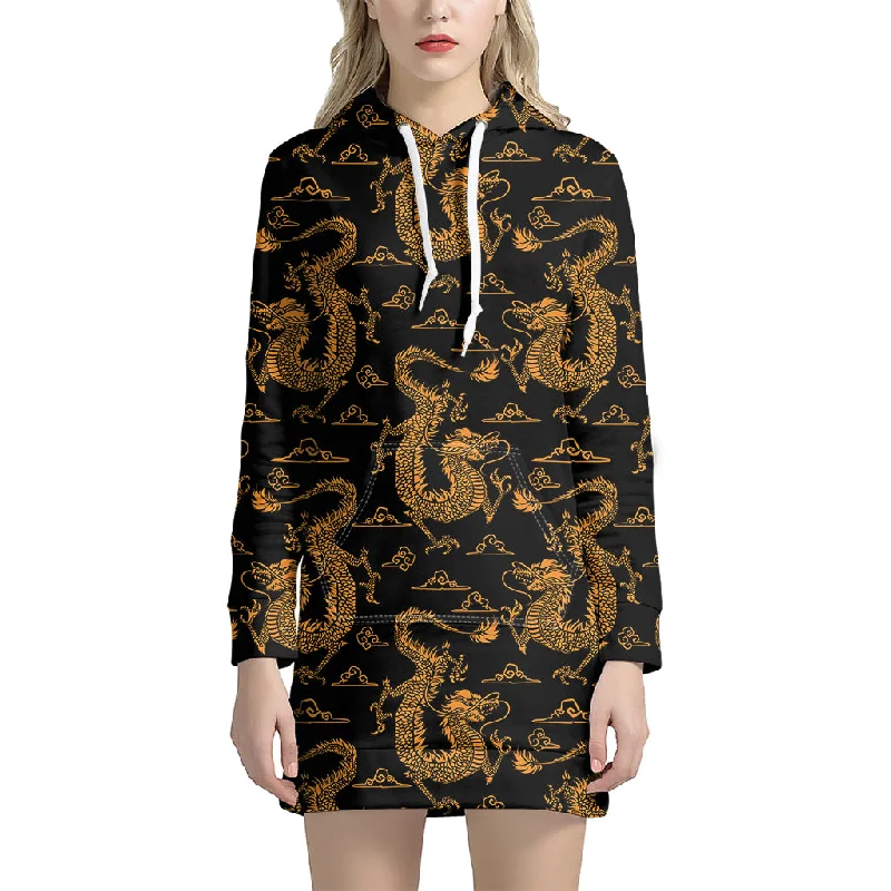 Eastern Dragon Pattern Print Pullover Hoodie Dress