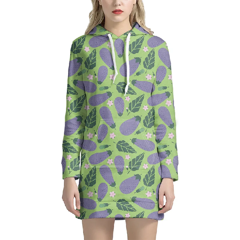 Eggplant With Leaves And Flowers Print Pullover Hoodie Dress