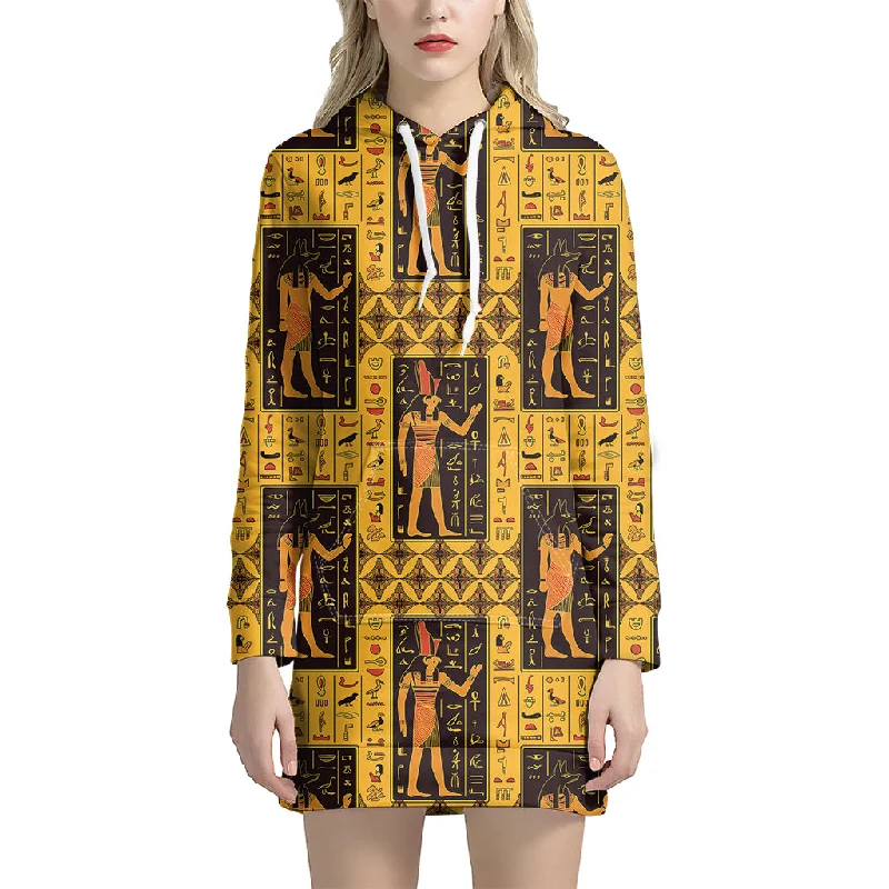 Egyptian Gods And Hieroglyphs Print Pullover Hoodie Dress