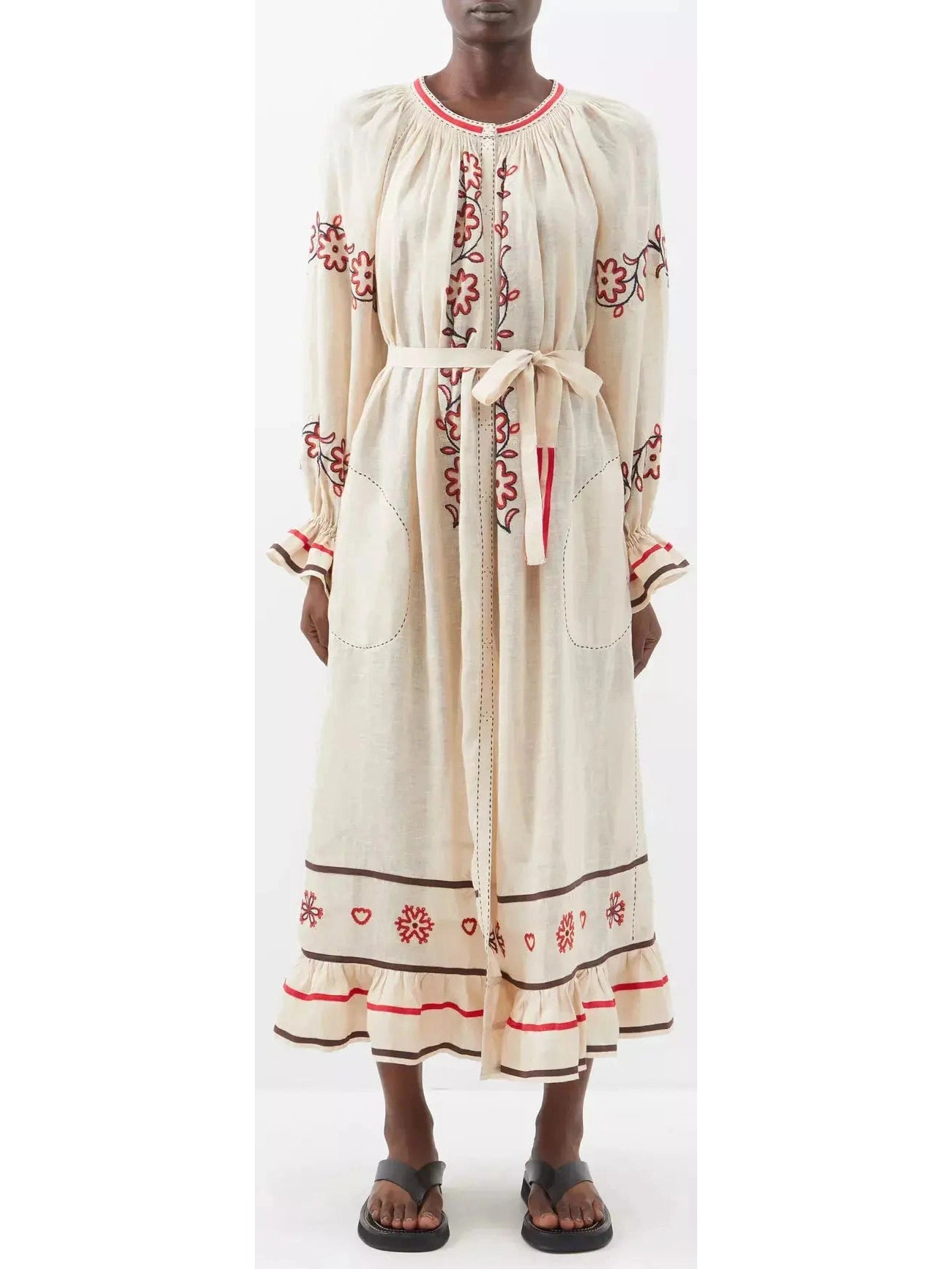 Embroidered Long-Sleeve Linen Boho Dress with Tie-Waist
