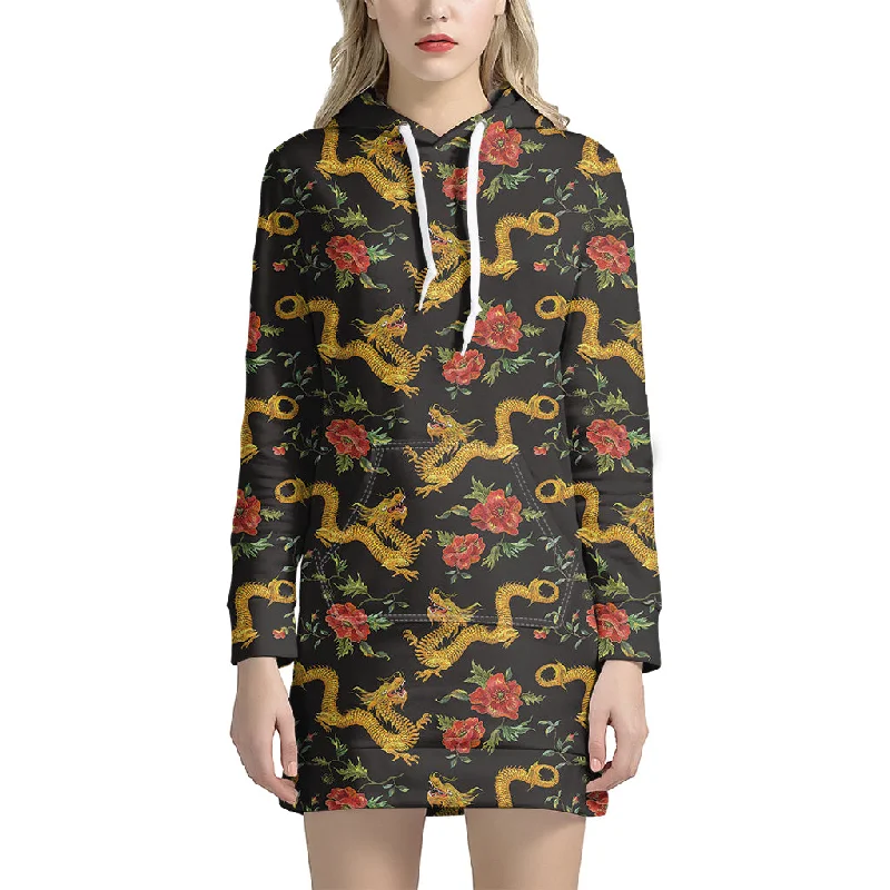 Embroidery Chinese Dragon Pattern Print Pullover Hoodie Dress