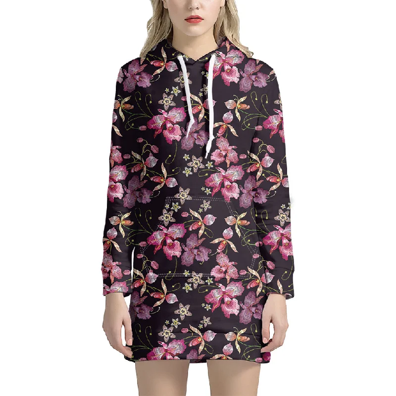 Embroidery Orchid Flower Pattern Print Pullover Hoodie Dress