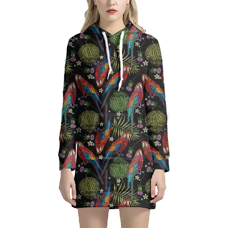 Embroidery Parrot Pattern Print Pullover Hoodie Dress