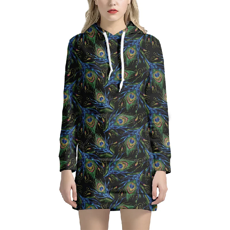 Embroidery Peacock Feather Print Pullover Hoodie Dress