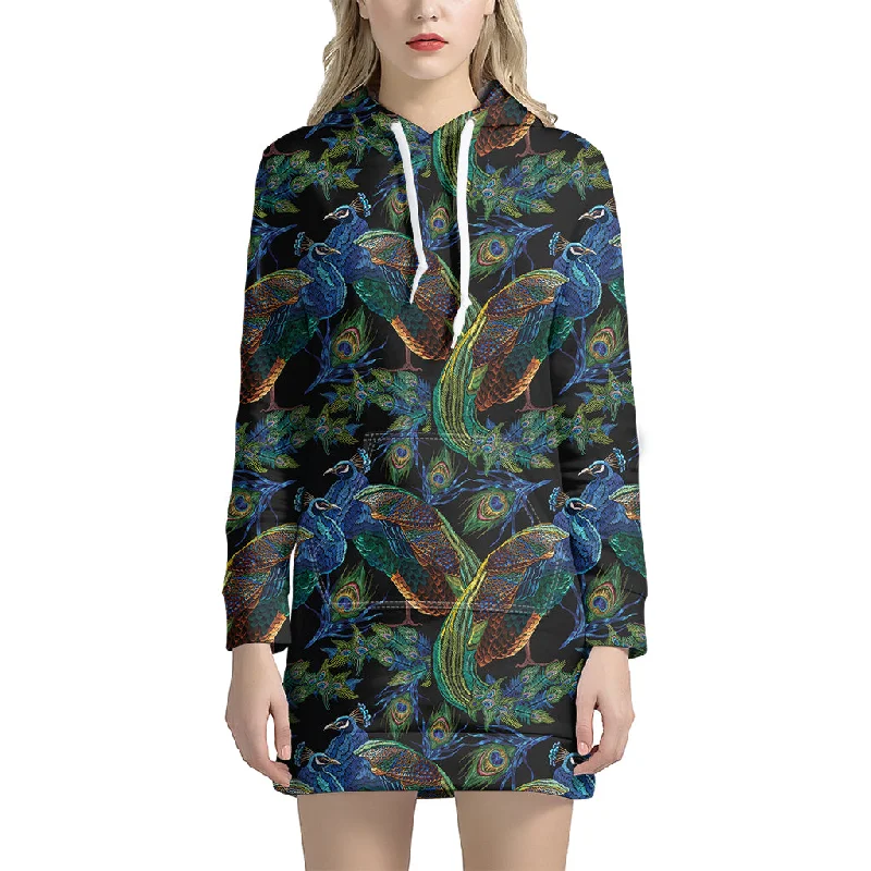 Embroidery Peacock Pattern Print Pullover Hoodie Dress