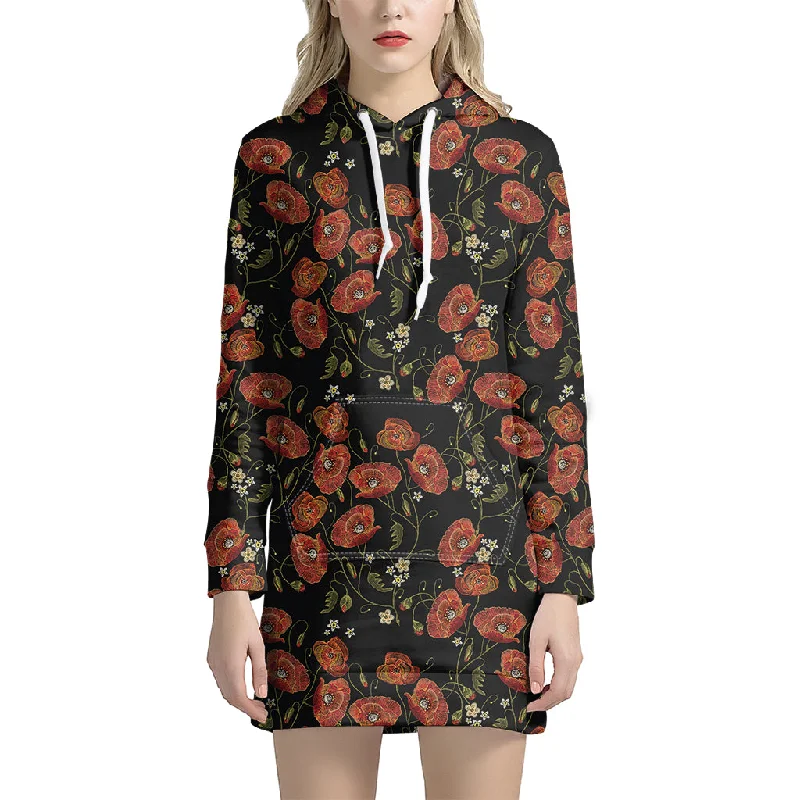 Embroidery Poppy Pattern Print Pullover Hoodie Dress