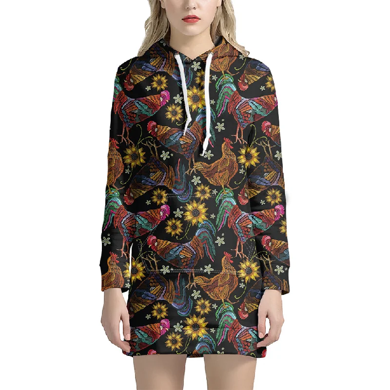Embroidery Rooster Pattern Print Pullover Hoodie Dress