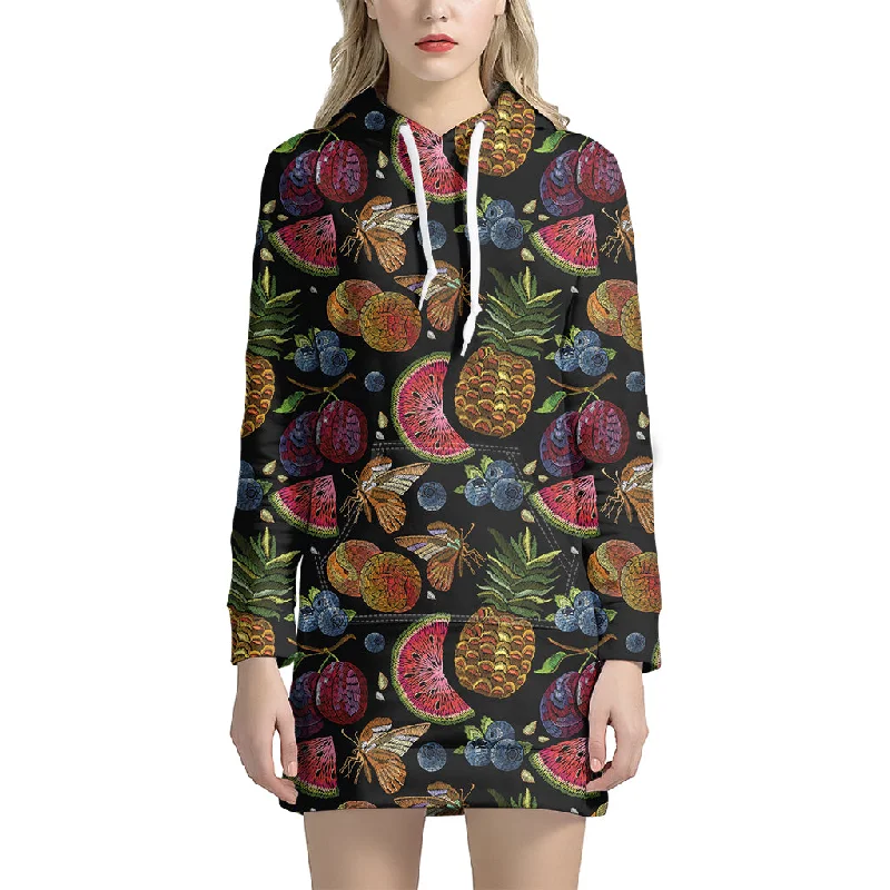 Embroidery Tropical Pattern Print Pullover Hoodie Dress