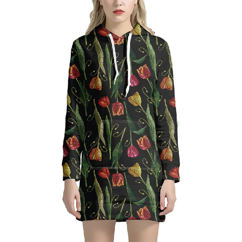 Embroidery Tulip Pattern Print Pullover Hoodie Dress