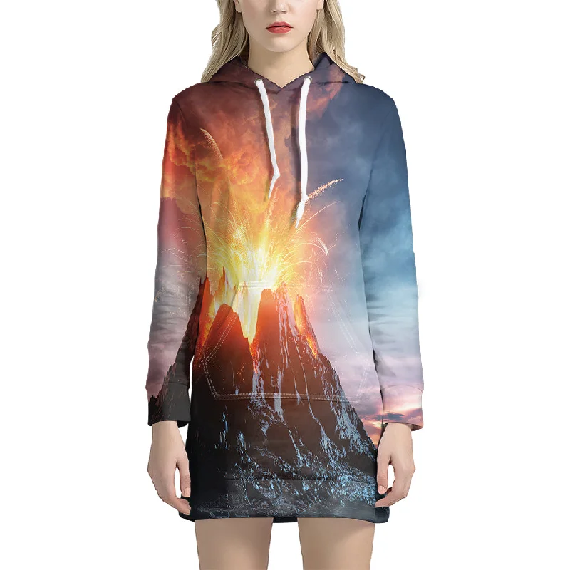 Erupting Volcano Print Pullover Hoodie Dress