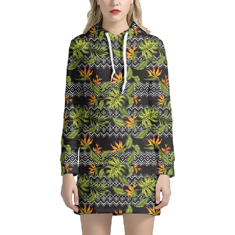 Ethnic Bird Of Paradise Pattern Print Pullover Hoodie Dress