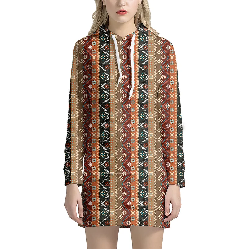 Ethnic Boho Tribal Pattern Print Pullover Hoodie Dress