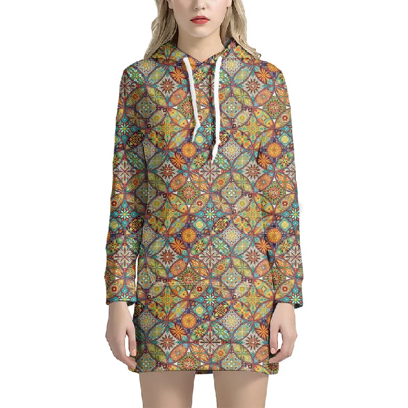 Ethnic Mandala Patchwork Pattern Print Pullover Hoodie Dress