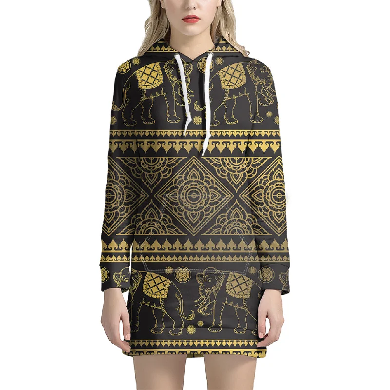 Ethnic Thai Elephant Pattern Print Pullover Hoodie Dress
